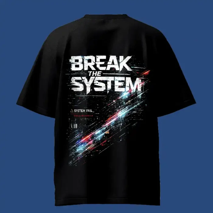 Glitch Break The System Text Based Black Oversized T-Shirt