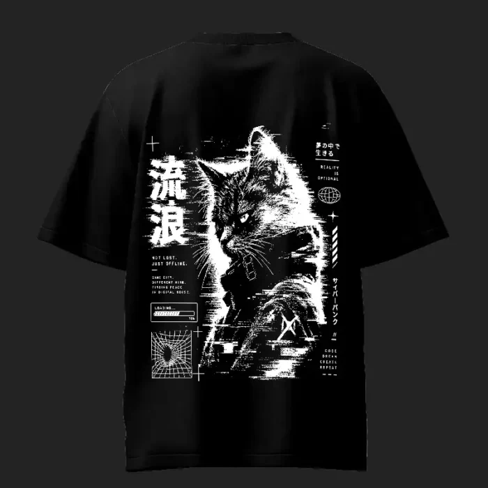 Glitch Cat Glitched Black Oversized T-Shirt