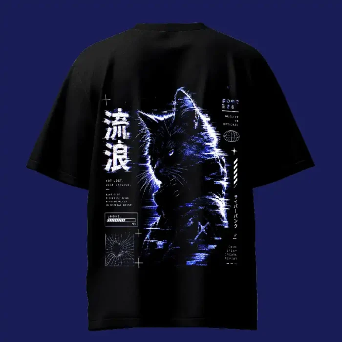 Glitch Cat Glitched Black Colourful Oversized T-Shirt