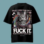 Glitch Fuck It Cat Black Oversized T-Shirt