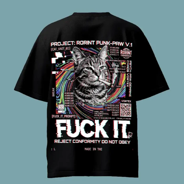 Glitch Fuck It Cat Black Oversized T-Shirt