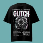 Glitch Glitched Flower Black Oversized T-Shirt
