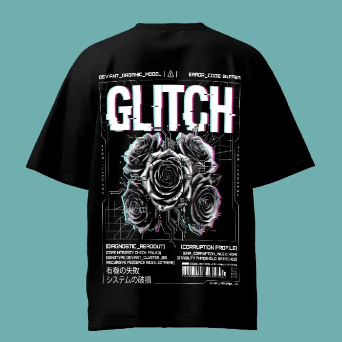Glitch Glitched Flower Black Oversized T-Shirt