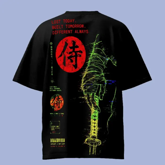 Glitch Katana In Hands Black Colourful Oversized T-Shirt